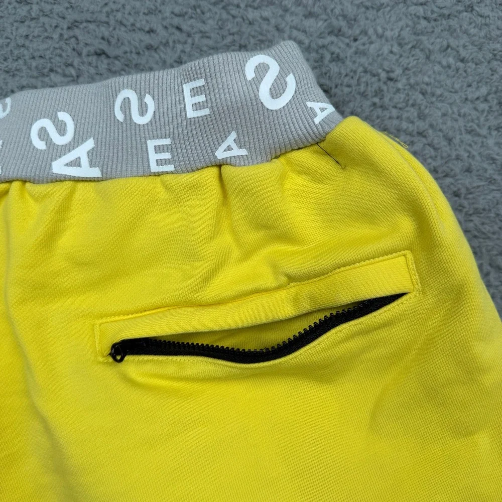 Wind and Sea Shorts Mens M Yellow Graphic Logo Drawstring‎ Zipper Pockets